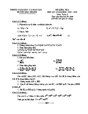 Đề kiểm tra học kì I môn Toán Lớp 8 - Năm học 2018-2019 - Phòng GD&ĐT Kim Thành (Có đáp án)
