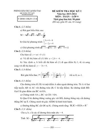 Đề kiểm tra học kì I môn Toán Lớp 9 - Năm học 2013-2014 - Phòng GD&ĐT Tứ Kỳ (Có đáp án)
