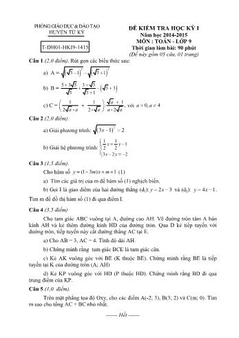 Đề kiểm tra học kì I môn Toán Lớp 9 - Năm học 2014-2015 - Phòng GD&ĐT Tứ Kỳ (Có đáp án)