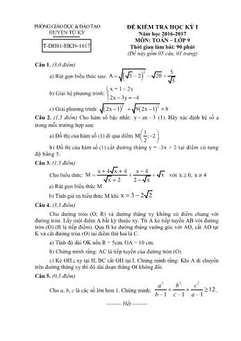 Đề kiểm tra học kì I môn Toán Lớp 9 - Năm học 2016-2017 - Phòng GD&ĐT Tứ Kỳ (Có đáp án)