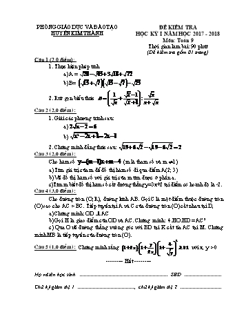 Đề kiểm tra học kì I môn Toán Lớp 9 - Năm học 2017-2018 - Phòng GD&ĐT Kim Thành (Có đáp án)