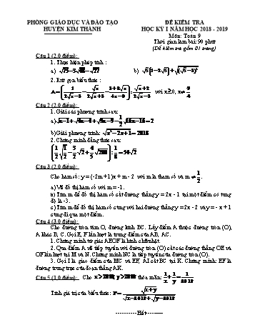 Đề kiểm tra học kì I môn Toán Lớp 9 - Năm học 2018-2019 - Phòng GD&ĐT Kim Thành (Có đáp án)