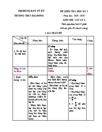 Đề kiểm tra học kì I môn Vật lý Lớp 6 - Năm học 2019-2020 - Trường THCS Đại Đồng (Có đáp án)