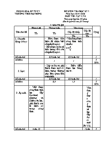 Đề kiểm tra học kì I môn Vật lý Lớp 8 - Năm học 2019-2020 - Trường THCS Đại Đồng (Có đáp án)