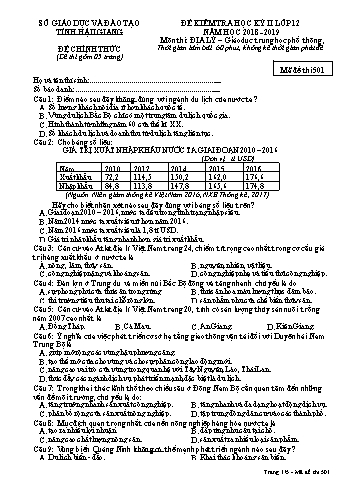 Đề kiểm tra học kì II môn Địa lí Lớp 12 - Mã đề: 501 - Năm học 2018-2019 - Sở GD&ĐT Hậu Giang