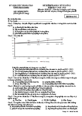 Đề kiểm tra học kì II môn Địa lí Lớp 12 - Mã đề: 502 - Năm học 2018-2019 - Sở GD&ĐT Hậu Giang