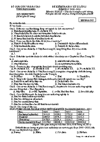 Đề kiểm tra học kì II môn Địa lí Lớp 12 - Mã đề: 503 - Năm học 2018-2019 - Sở GD&ĐT Hậu Giang