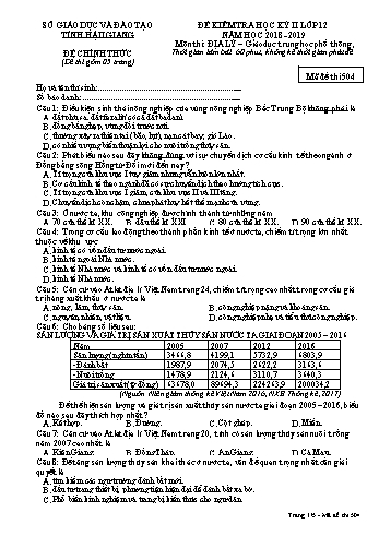 Đề kiểm tra học kì II môn Địa lí Lớp 12 - Mã đề: 504 - Năm học 2018-2019 - Sở GD&ĐT Hậu Giang