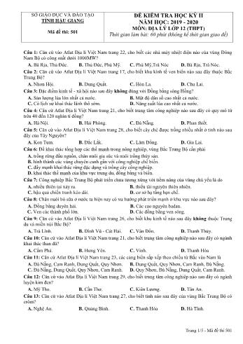 Đề kiểm tra học kì II môn Địa lí Lớp 12 THPT - Mã đề: 501 - Năm học 2019-2020 - Sở GD&ĐT Hậu Giang (Kèm đáp án)