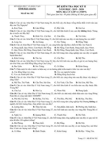 Đề kiểm tra học kì II môn Địa lí Lớp 12 THPT - Mã đề: 502 - Năm học 2019-2020 - Sở GD&ĐT Hậu Giang (Kèm đáp án)