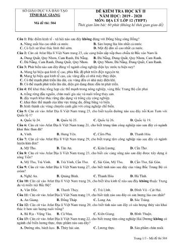 Đề kiểm tra học kì II môn Địa lí Lớp 12 THPT - Mã đề: 504 - Năm học 2019-2020 - Sở GD&ĐT Hậu Giang (Kèm đáp án)