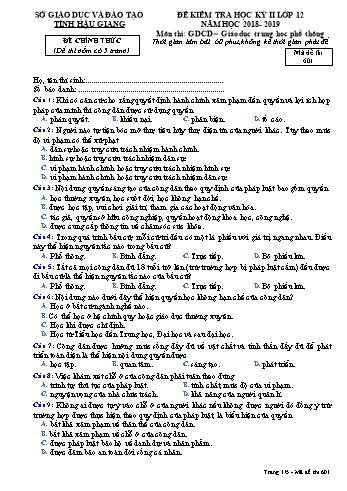 Đề kiểm tra học kì II môn GDCD Lớp 12 - Mã đề: 601 - Năm học 2018-2019 - Sở GD&ĐT Hậu Giang
