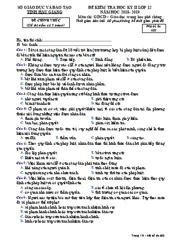 Đề kiểm tra học kì II môn GDCD Lớp 12 - Mã đề: 602 - Năm học 2018-2019 - Sở GD&ĐT Hậu Giang