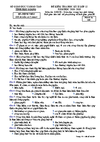 Đề kiểm tra học kì II môn GDCD Lớp 12 - Mã đề: 604 - Năm học 2018-2019 - Sở GD&ĐT Hậu Giang