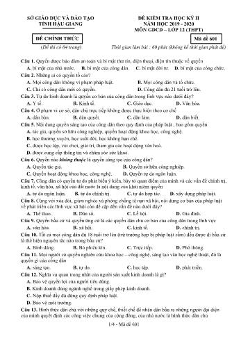 Đề kiểm tra học kì II môn GDCD Lớp 12 THPT - Mã đề: 601 - Năm học 2019-2020 - Sở GD&ĐT Hậu Giang (Kèm đáp án)