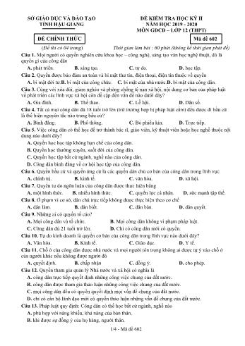 Đề kiểm tra học kì II môn GDCD Lớp 12 THPT - Mã đề: 602 - Năm học 2019-2020 - Sở GD&ĐT Hậu Giang (Kèm đáp án)