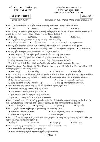 Đề kiểm tra học kì II môn GDCD Lớp 12 THPT - Mã đề: 603 - Năm học 2019-2020 - Sở GD&ĐT Hậu Giang (Kèm đáp án)