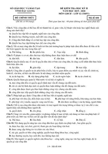 Đề kiểm tra học kì II môn GDCD Lớp 12 THPT - Mã đề: 604 - Năm học 2019-2020 - Sở GD&ĐT Hậu Giang (Kèm đáp án)
