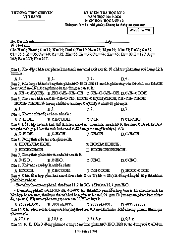 Đề kiểm tra học kì II môn Hóa học Lớp 10 - Mã đề: 791 - Năm học 2019-2020 - Trường THPT Chuyên Vị Thanh (Kèm đáp án)