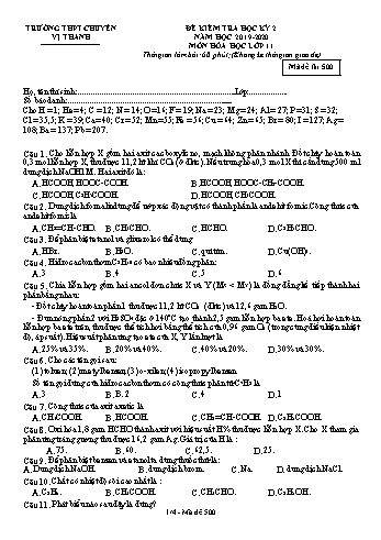 Đề kiểm tra học kì II môn Hóa học Lớp 11 - Mã đề: 500 - Năm học 2019-2020 - Trường THPT Chuyên Vị Thanh (Kèm đáp án)