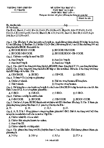 Đề kiểm tra học kì II môn Hóa học Lớp 11 - Mã đề: 81 - Năm học 2019-2020 - Trường THPT Chuyên Vị Thanh (Kèm đáp án)