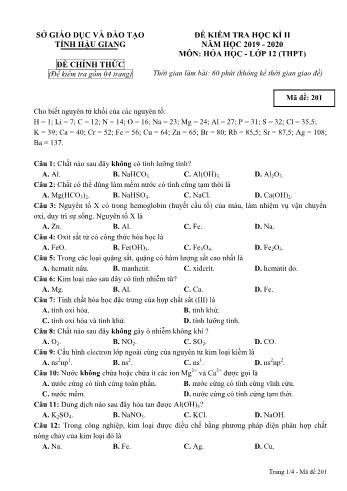 Đề kiểm tra học kì II môn Hóa học Lớp 12 - Mã đề: 201 - Năm học 2019-2020 - Sở GD&ĐT Hậu Giang (Kèm đáp án)