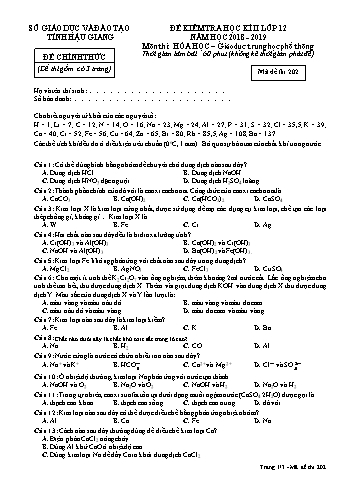 Đề kiểm tra học kì II môn Hóa học Lớp 12 - Mã đề: 202 - Năm học 2018-2019 - Sở GD&ĐT Hậu Giang