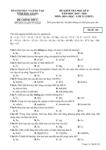 Đề kiểm tra học kì II môn Hóa học Lớp 12 - Mã đề: 202 - Năm học 2019-2020 - Sở GD&ĐT Hậu Giang (Kèm đáp án)