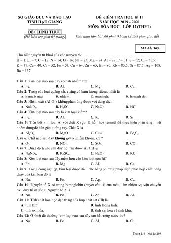 Đề kiểm tra học kì II môn Hóa học Lớp 12 - Mã đề: 203 - Năm học 2019-2020 - Sở GD&ĐT Hậu Giang (Kèm đáp án)