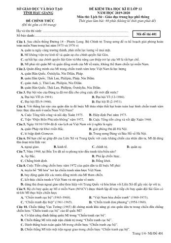 Đề kiểm tra học kì II môn Lịch sử Lớp 12 THPT - Mã đề: 401 - Năm học 2019-2020 - Sở GD&ĐT Hậu Giang (Kèm đáp án)