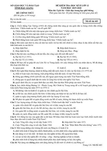 Đề kiểm tra học kì II môn Lịch sử Lớp 12 THPT - Mã đề: 403 - Năm học 2019-2020 - Sở GD&ĐT Hậu Giang (Kèm đáp án)