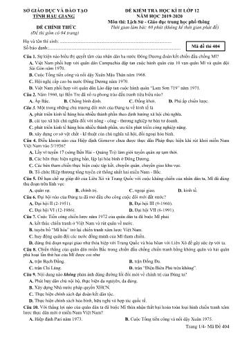 Đề kiểm tra học kì II môn Lịch sử Lớp 12 THPT - Mã đề: 404 - Năm học 2019-2020 - Sở GD&ĐT Hậu Giang (Kèm đáp án)