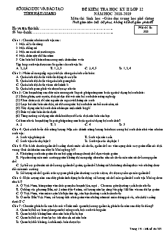 Đề kiểm tra học kì II môn Sinh học Lớp 12 - Mã đề: 303 - Năm học 2018-2019 - Sở GD&ĐT Hậu Giang