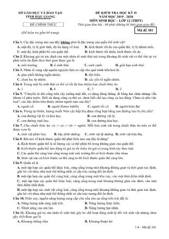 Đề kiểm tra học kì II môn Sinh học Lớp 12 THPT - Mã đề: 301 - Năm học 2019-2020 - Sở GD&ĐT Hậu Giang (Kèm đáp án)