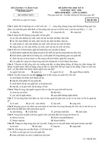 Đề kiểm tra học kì II môn Sinh học Lớp 12 THPT - Mã đề: 304 - Năm học 2019-2020 - Sở GD&ĐT Hậu Giang (Kèm đáp án)