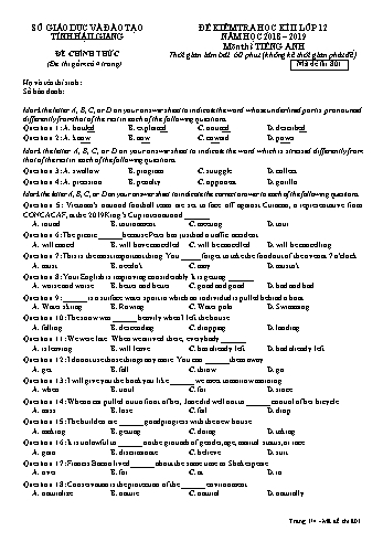 Đề kiểm tra học kì II môn Tiếng Anh Lớp 12 - Mã đề: 801 - Năm học 2018-2019 - Sở GD&ĐT Hậu Giang