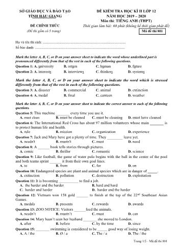 Đề kiểm tra học kì II môn Tiếng Anh Lớp 12 THPT - Mã đề: 801 - Năm học 2019-2020 - Sở GD&ĐT Hậu Giang (Kèm đáp án)