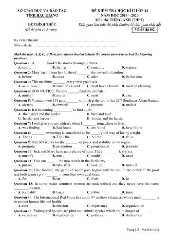 Đề kiểm tra học kì II môn Tiếng Anh Lớp 12 THPT - Mã đề: 802 - Năm học 2019-2020 - Sở GD&ĐT Hậu Giang (Kèm đáp án)