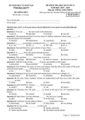 Đề kiểm tra học kì II môn Tiếng Anh Lớp 12 THPT - Mã đề: 804 - Năm học 2019-2020 - Sở GD&ĐT Hậu Giang (Kèm đáp án)
