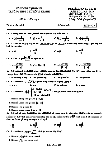 Đề kiểm tra học kì II môn Toán Lớp 11 - Mã đề: 410 - Năm học 2019-2020 - Trường THPT Chuyên Vị Thanh (Kèm đáp án)