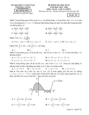 Đề kiểm tra học kì II môn Toán Lớp 12 THPT - Mã đề: 701 - Năm học 2019-2020 - Sở GD&ĐT Hậu Giang (Kèm đáp án)