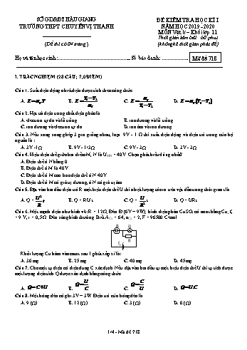 Đề kiểm tra học kì II môn Vật lý Lớp 11 - Mã đề: 718 - Năm học 2019-2020 - Trường THPT Chuyên Vị Thanh (Kèm đáp án)