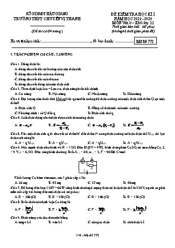 Đề kiểm tra học kì II môn Vật lý Lớp 11 - Mã đề: 772 - Năm học 2019-2020 - Trường THPT Chuyên Vị Thanh (Kèm đáp án)