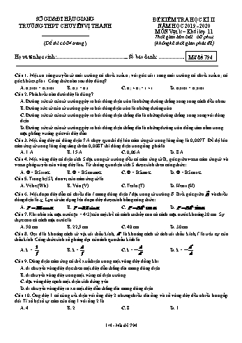 Đề kiểm tra học kì II môn Vật lý Lớp 11 - Mã đề: 794 - Năm học 2019-2020 - Trường THPT Chuyên Vị Thanh (Kèm đáp án)