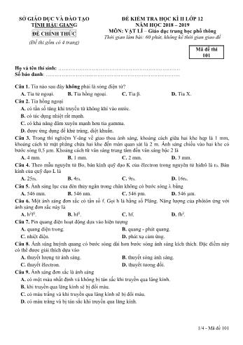Đề kiểm tra học kì II môn Vật lý Lớp 12 - Mã đề: 101 - Năm học 2018-2019 - Sở GD&ĐT Hậu Giang
