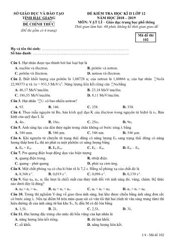 Đề kiểm tra học kì II môn Vật lý Lớp 12 - Mã đề: 102 - Năm học 2018-2019 - Sở GD&ĐT Hậu Giang