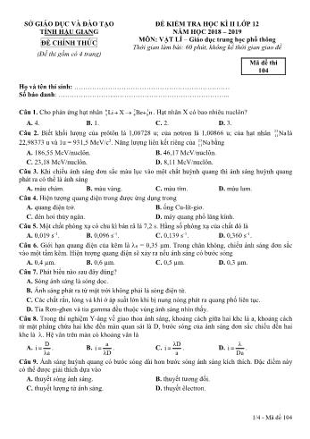 Đề kiểm tra học kì II môn Vật lý Lớp 12 - Mã đề: 104 - Năm học 2018-2019 - Sở GD&ĐT Hậu Giang