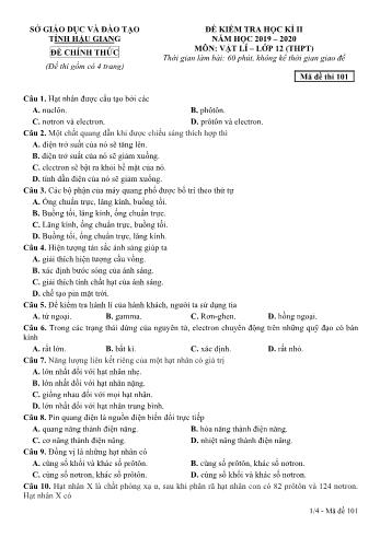Đề kiểm tra học kì II môn Vật lý Lớp 12 THPT - Mã đề: 101 - Năm học 2019-2020 - Sở GD&ĐT Hậu Giang (Kèm đáp án)