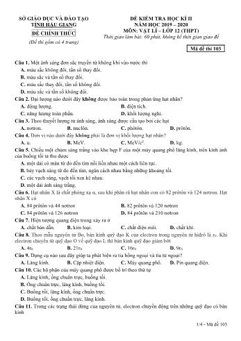 Đề kiểm tra học kì II môn Vật lý Lớp 12 THPT - Mã đề: 103 - Năm học 2019-2020 - Sở GD&ĐT Hậu Giang (Kèm đáp án)