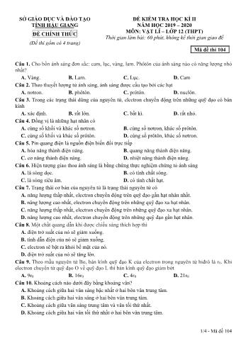 Đề kiểm tra học kì II môn Vật lý Lớp 12 THPT - Mã đề: 104 - Năm học 2019-2020 - Sở GD&ĐT Hậu Giang (Kèm đáp án)